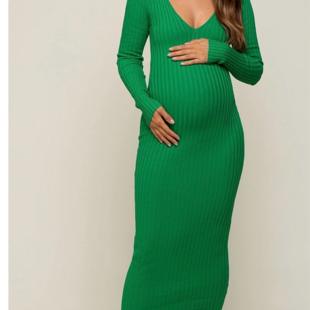 Maternity Dress Forum Green Ribbed Long Sleeve V-Neck Bodycon Dress
